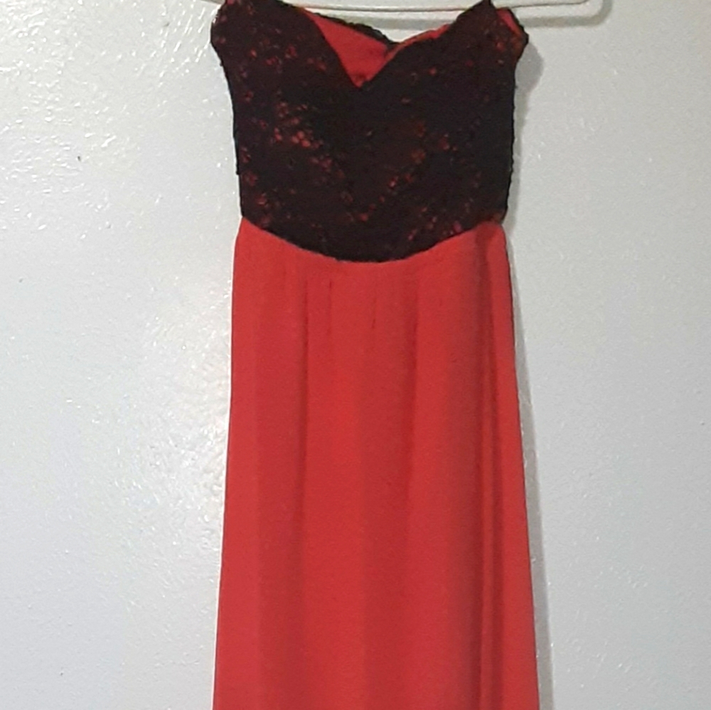 Long, peach and navy open back dress